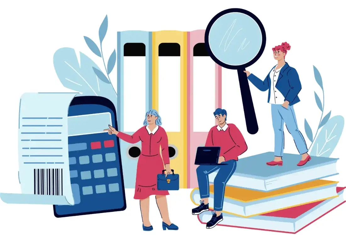 Illustration of UK limited company directors reviewing financial records, receipts and accounts for corporation tax planning and business finances.