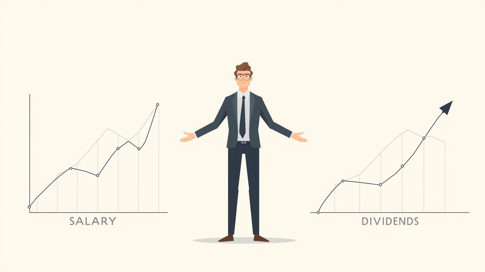 A business person stands between two upward-trending graphs labeled 